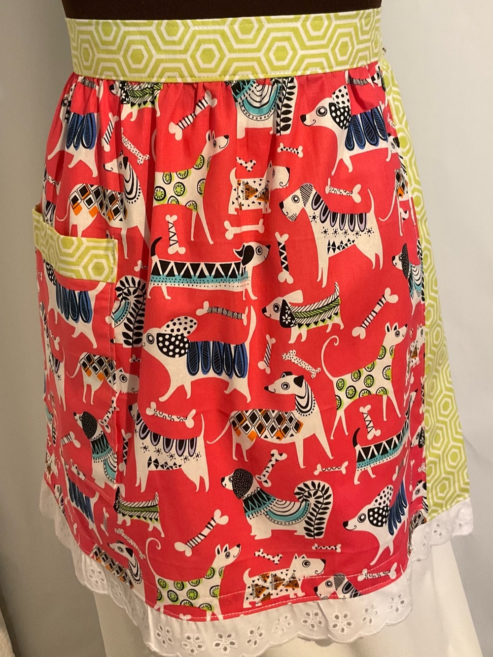 Hand Crafted Coral Dog-Print Half Apron with Lime Waistband and Ties